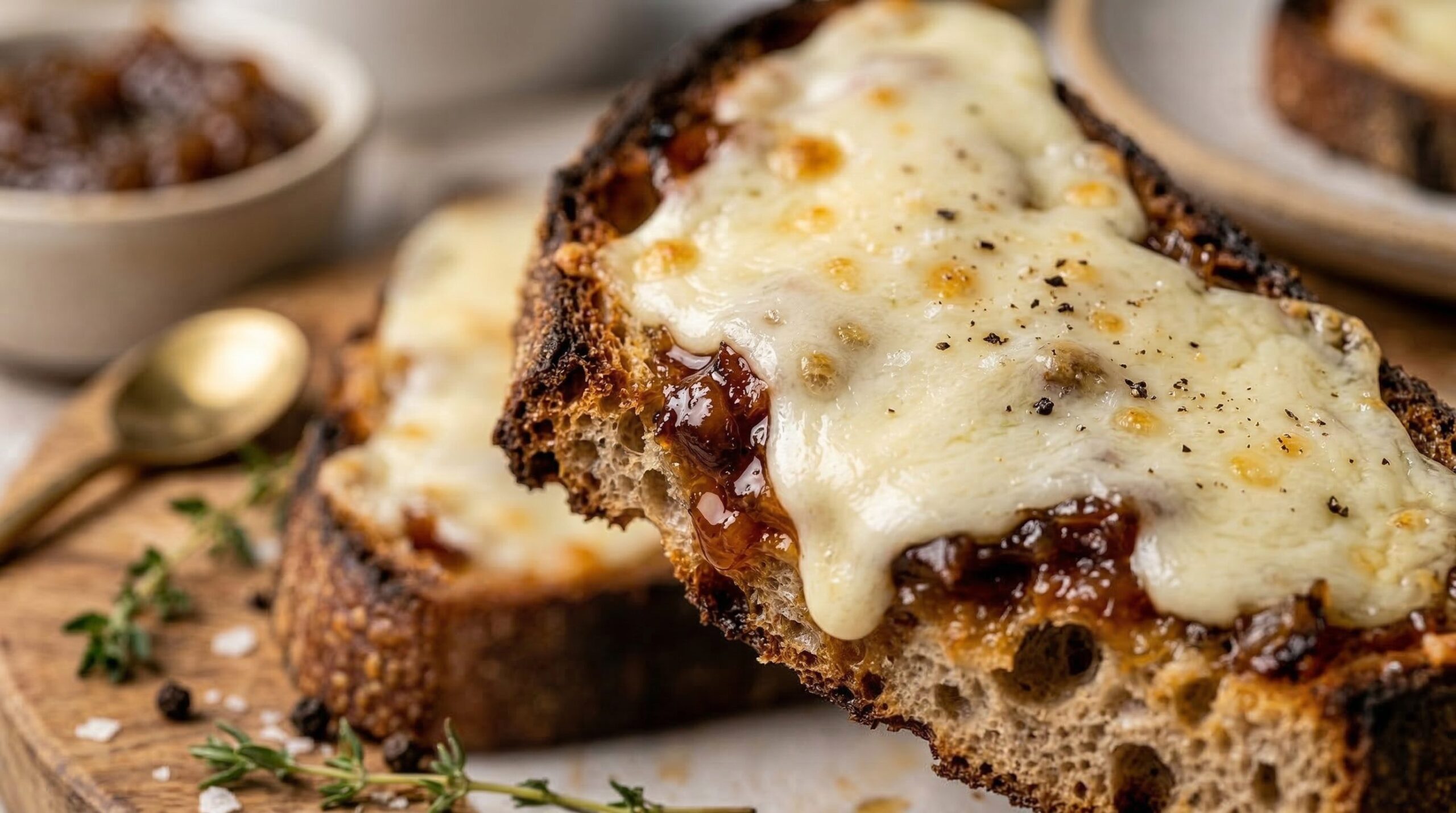 Welsh rarebit cheese topping broiling to golden bubbling over red pepper chutney on toast