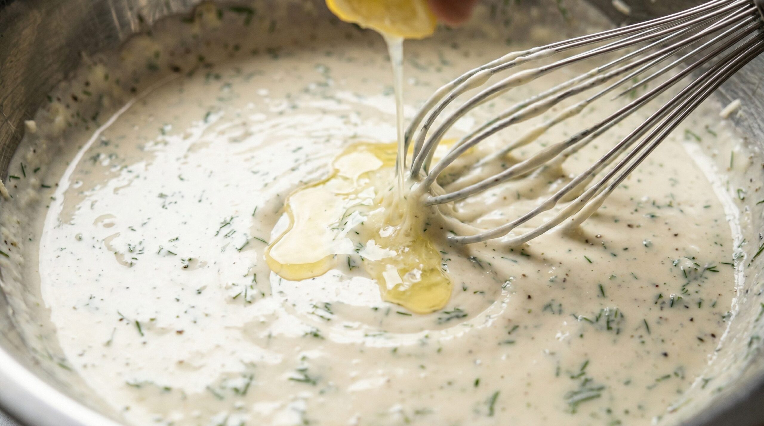 A creamy Parmesan and dill dip being whisked smooth in a bowl