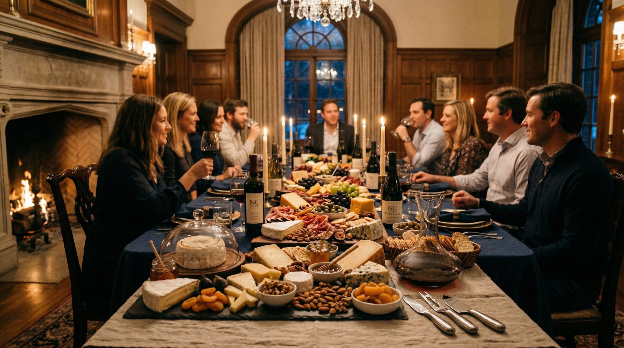 An abundant wine and cheese board with stuffed figs on an estate table