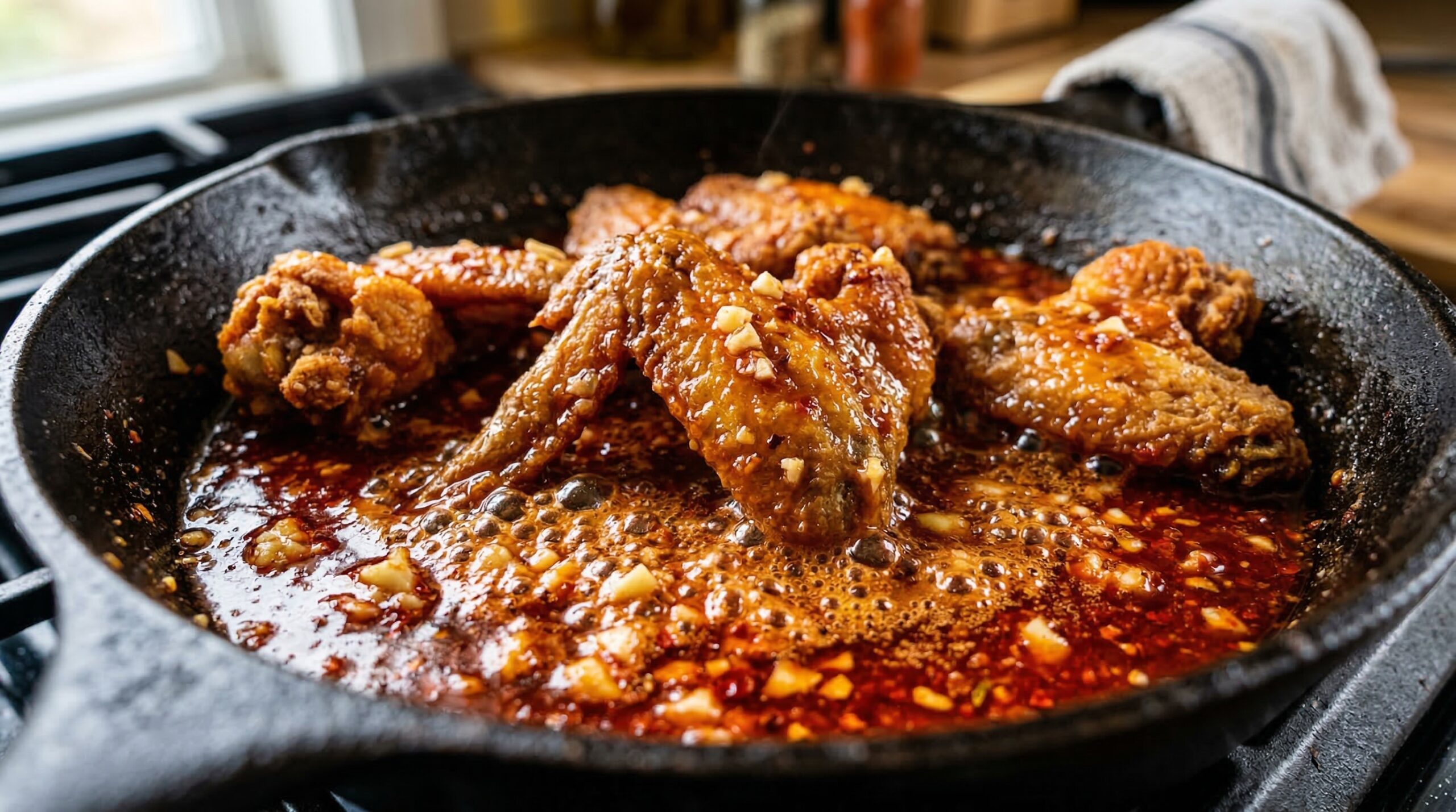 Golden fried chicken wings simmering in a garlic butter and hot pepper sauce smooth blend