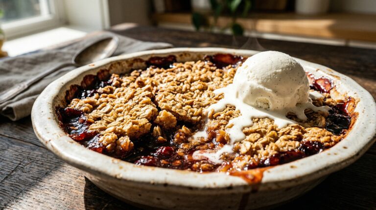 Stunning plated serving of Winter Harvest Fruit Crumble, a chef-tested recipe by Chef Jorj Morgan.