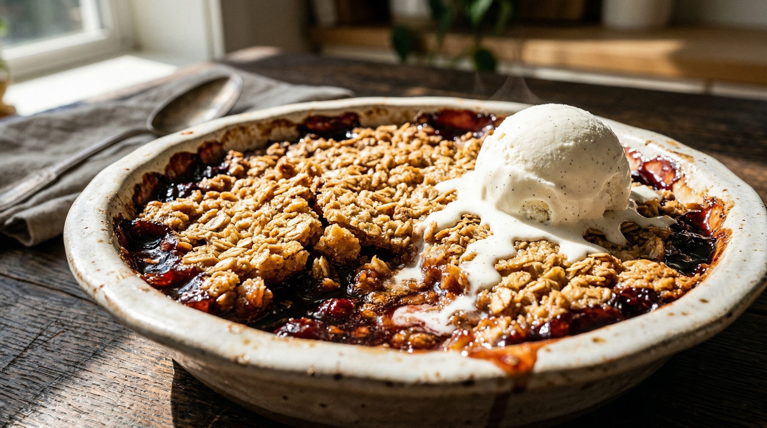 Stunning plated serving of Winter Harvest Fruit Crumble, a chef-tested recipe by Chef Jorj Morgan.