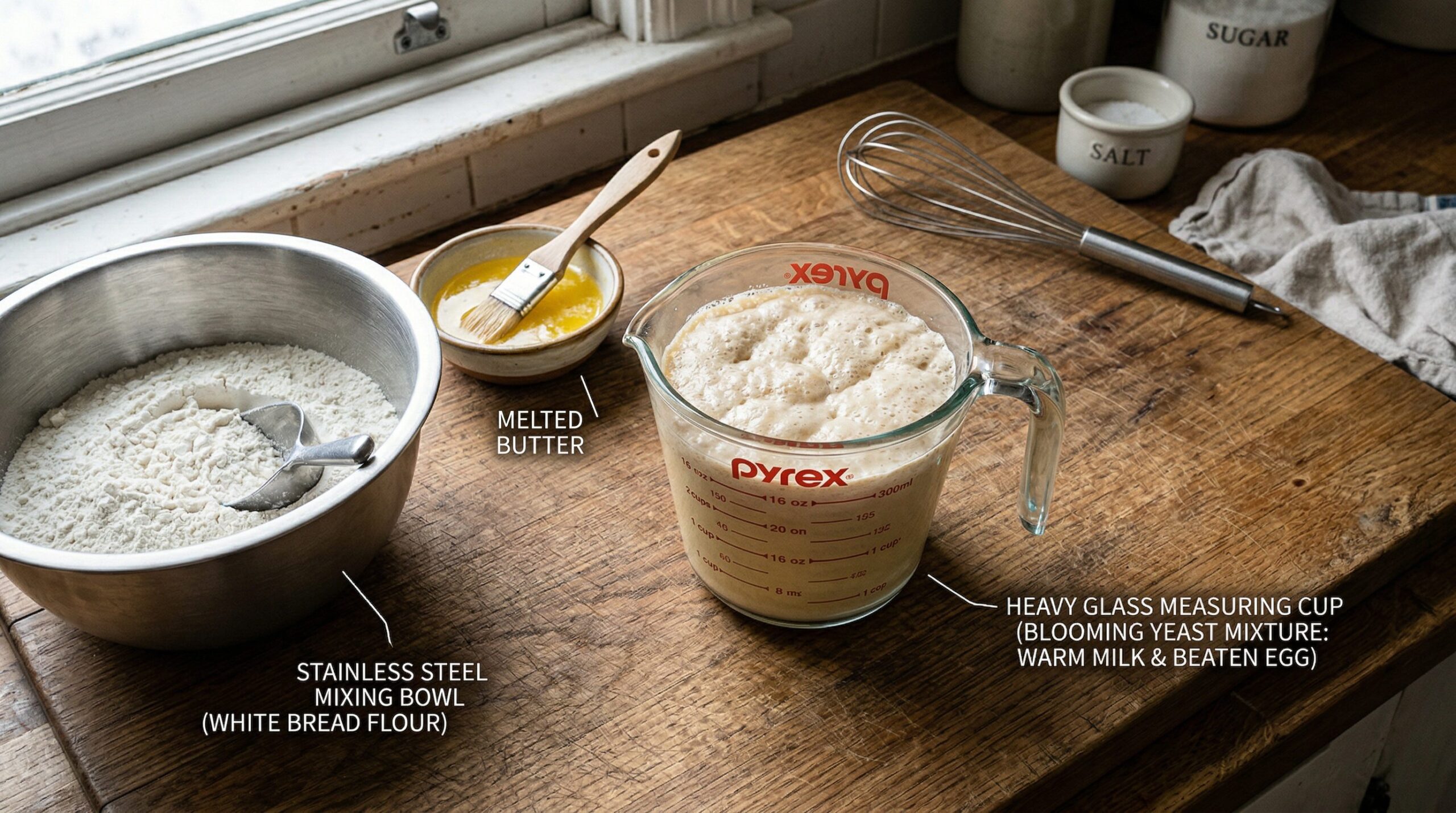 Ingredients for Swirled Cinnamon Artisan Bread arranged for preparation