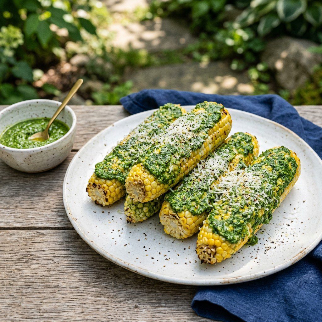 Stunning plated serving of Garlic Scape Pesto Sweet Corn, a chef-tested recipe by Chef Jorj Morgan.