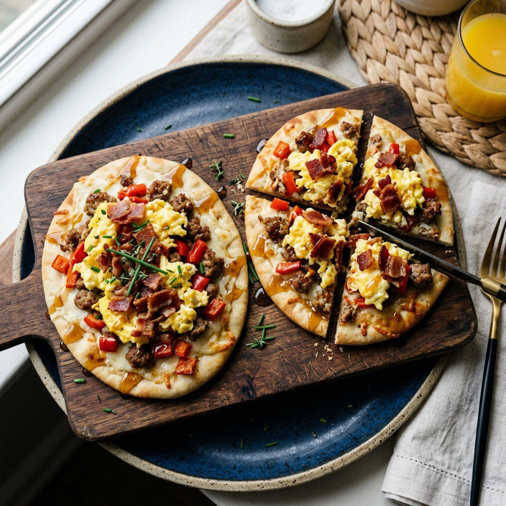 Stunning plated serving of Breakfast Flatbreads, a chef-tested recipe by Chef Jorj Morgan.
