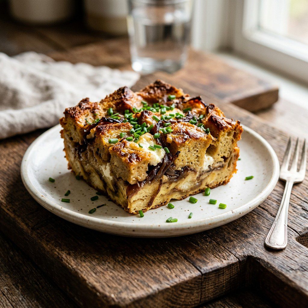 Stunning plated serving of Caramelized Onion & Goat Cheese Bread Pudding, a chef-tested recipe by Chef Jorj Morgan.