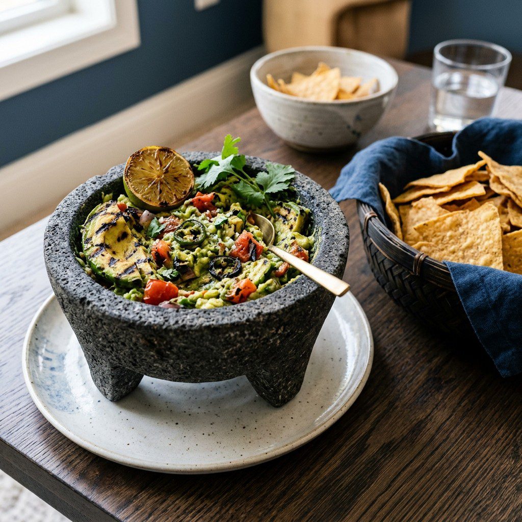 Stunning plated serving of Fire-Grilled Guacamole, a chef-tested recipe by Chef Jorj Morgan.