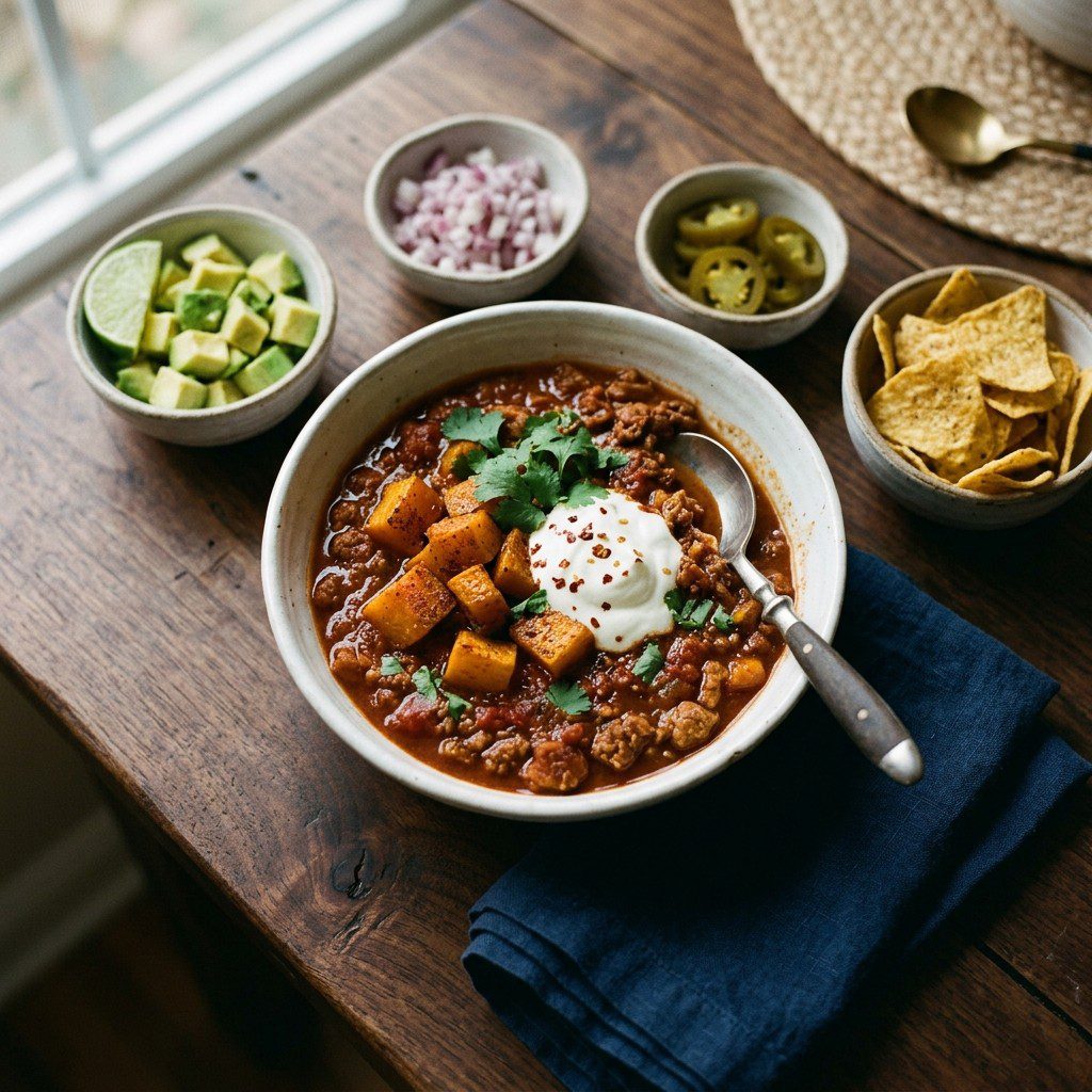 Stunning plated serving of Turkey Chili with Roasted Butternut Squash, a chef-tested recipe by Chef Jorj Morgan.