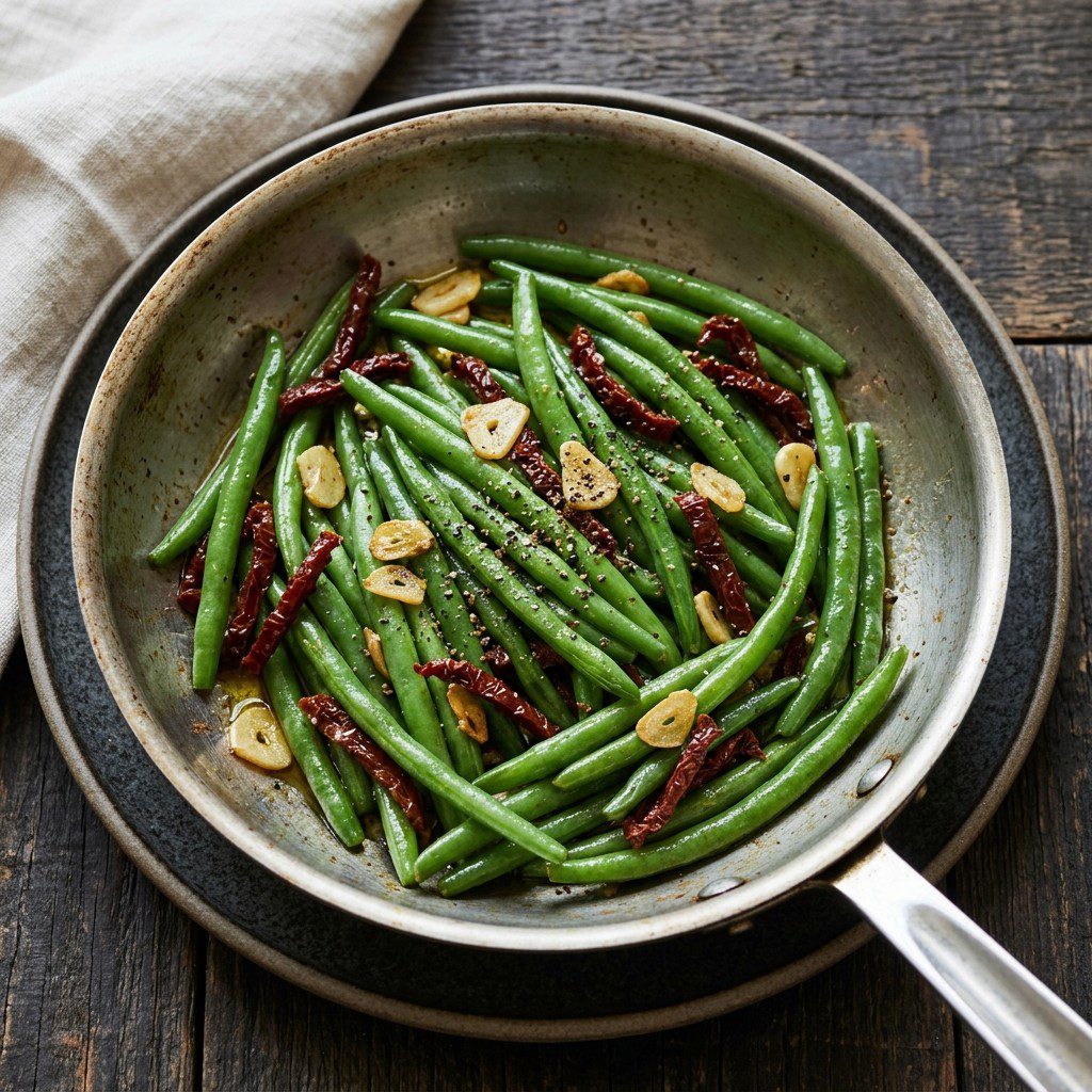 Stunning plated serving of Green Beans with Sliced Garlic & Sun-Dried Tomatoes, a chef-tested recipe by Chef Jorj Morgan.