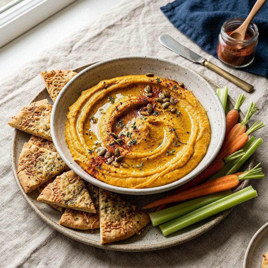 Stunning plated serving of Pumpkin Hummus & Parmesan Pita Crisps, a chef-tested recipe by Chef Jorj Morgan.