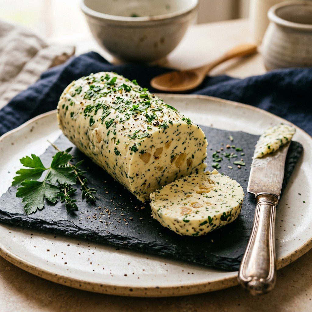 Stunning plated serving of Roasted Garlic Compound Butter, a chef-tested recipe by Chef Jorj Morgan.