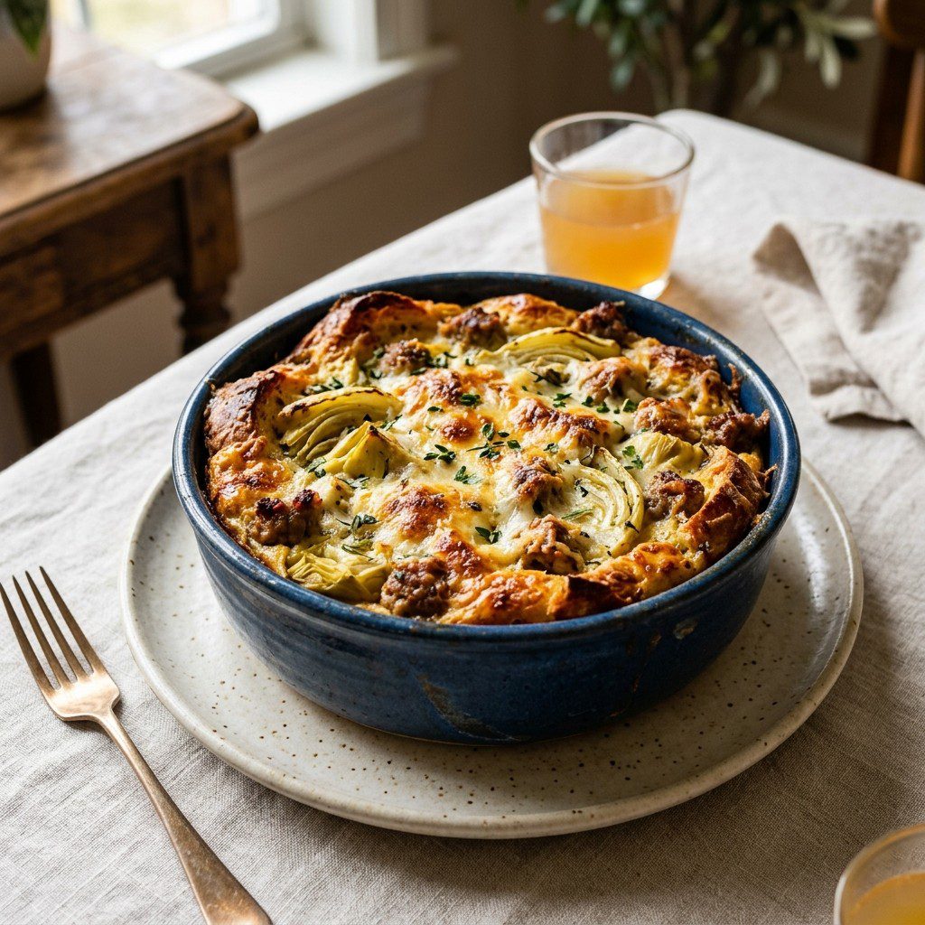 Stunning plated serving of Artichoke & Fennel Strata, a chef-tested recipe by Chef Jorj Morgan.