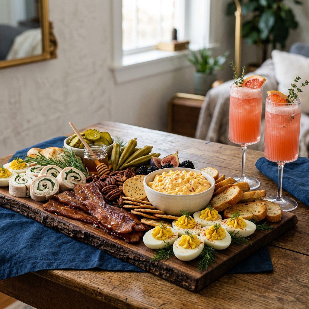 Stunning plated serving of Southern Charcuterie Board with Pimento Cheese & Deviled Eggs, a chef-tested recipe by Chef Jorj Morgan.