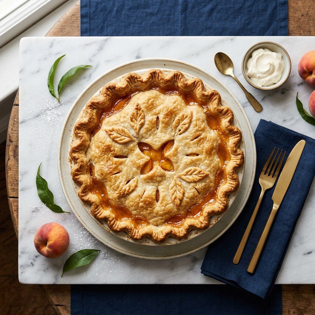 Stunning plated serving of Classic Deep-Dish Summer Peach Pie, a chef-tested recipe by Chef Jorj Morgan.