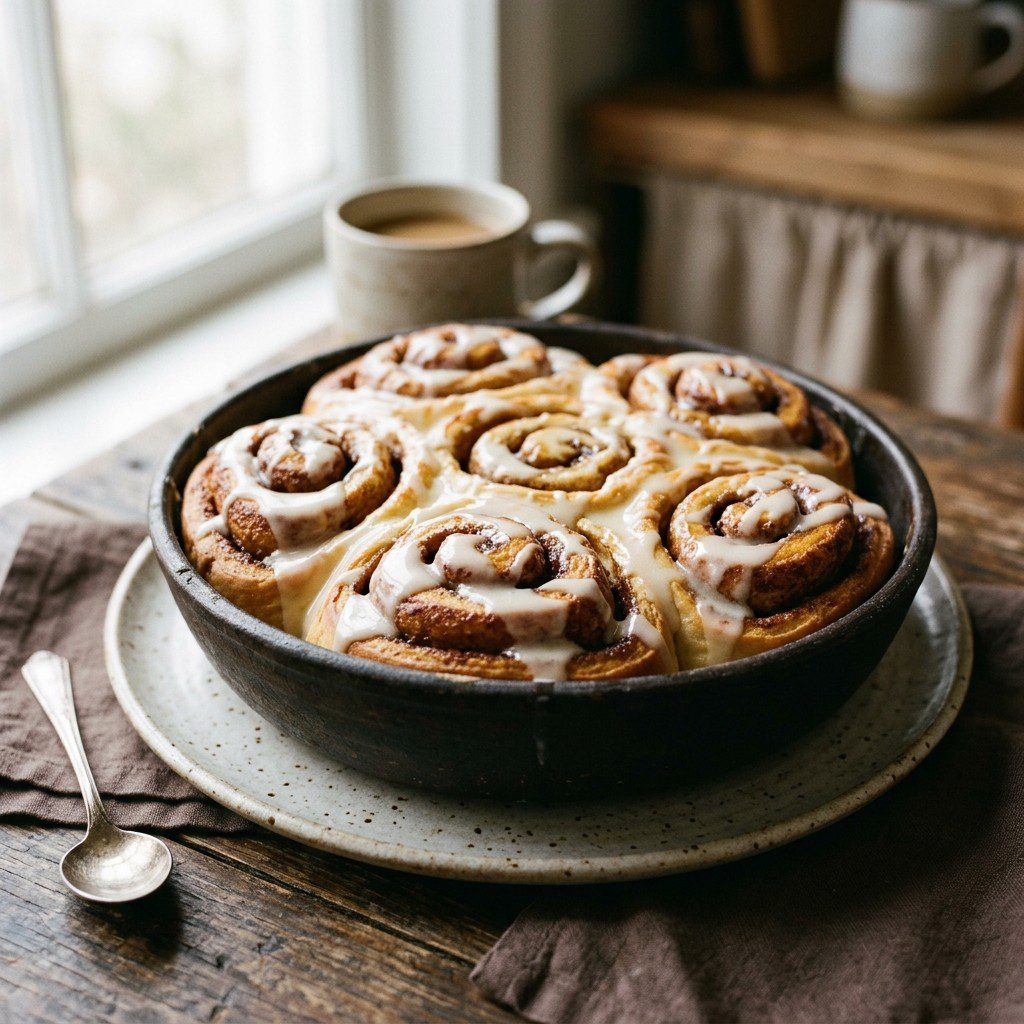 Stunning plated serving of Classic Cinnamon Rolls with Vanilla Glaze, a chef-tested recipe by Chef Jorj Morgan.