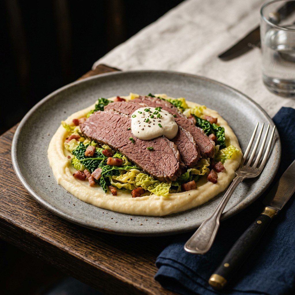 Stunning plated serving of Slow-Cooked Beer-Braised Corned Beef and Cabbage, a chef-tested recipe by Chef Jorj Morgan.