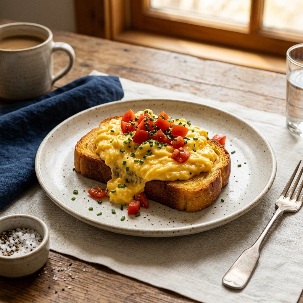 Stunning plated serving of French-Style Soft-Scrambled Eggs with Heavy Cream, a chef-tested recipe by Chef Jorj Morgan.