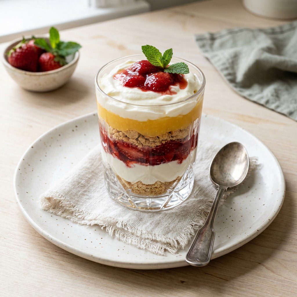 Stunning plated serving of Lemon Curd Parfaits, a chef-tested recipe by Chef Jorj Morgan.