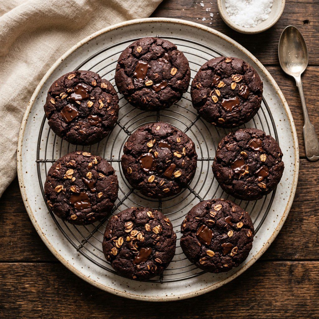 Stunning plated serving of Dark Cocoa and Espresso Chocolate Chip Cookies, a chef-tested recipe by Chef Jorj Morgan.