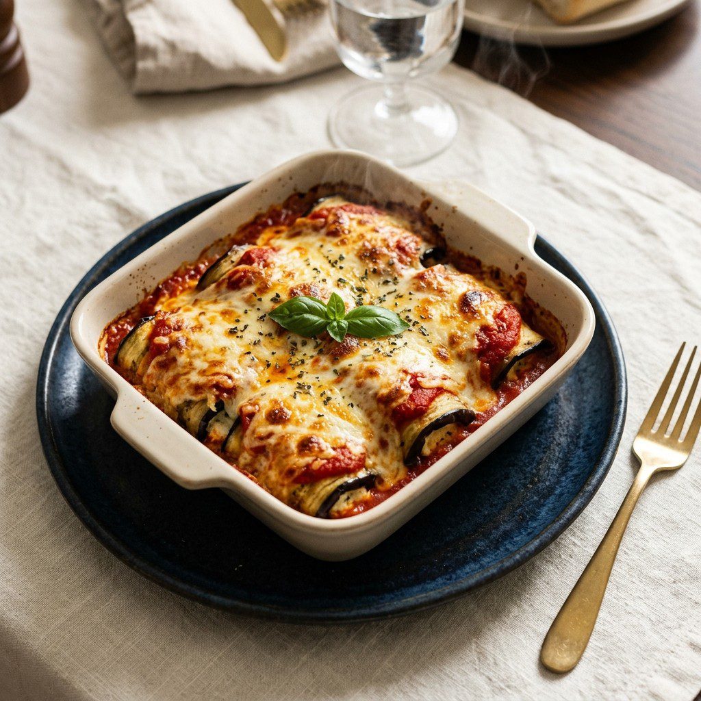 Stunning plated serving of Eggplant Rollatini, a chef-tested recipe by Chef Jorj Morgan.