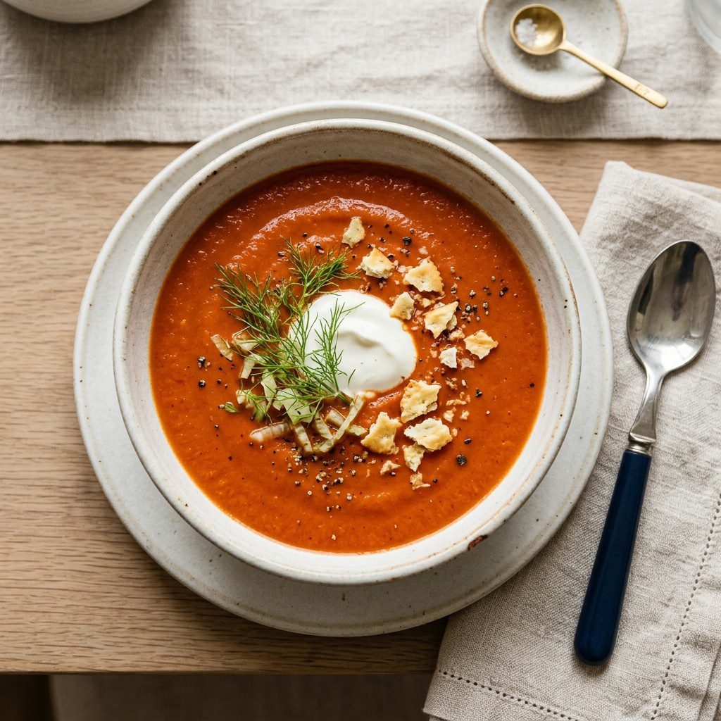 Stunning plated serving of Tomato Soup with Jalapeño and a Hint of Fennel, a chef-tested recipe by Chef Jorj Morgan.