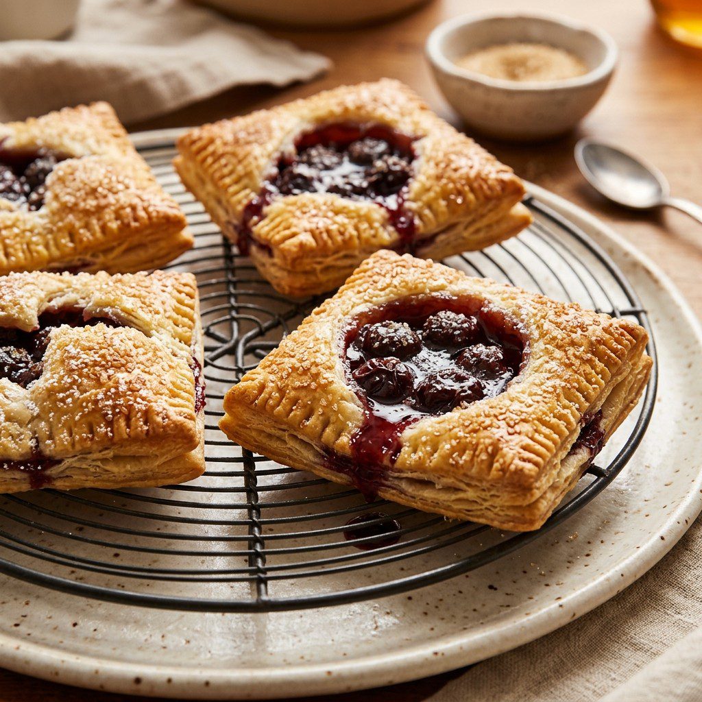 Stunning plated serving of Fresh Cherry Puff Pastry Tarts, a chef-tested recipe by Chef Jorj Morgan.