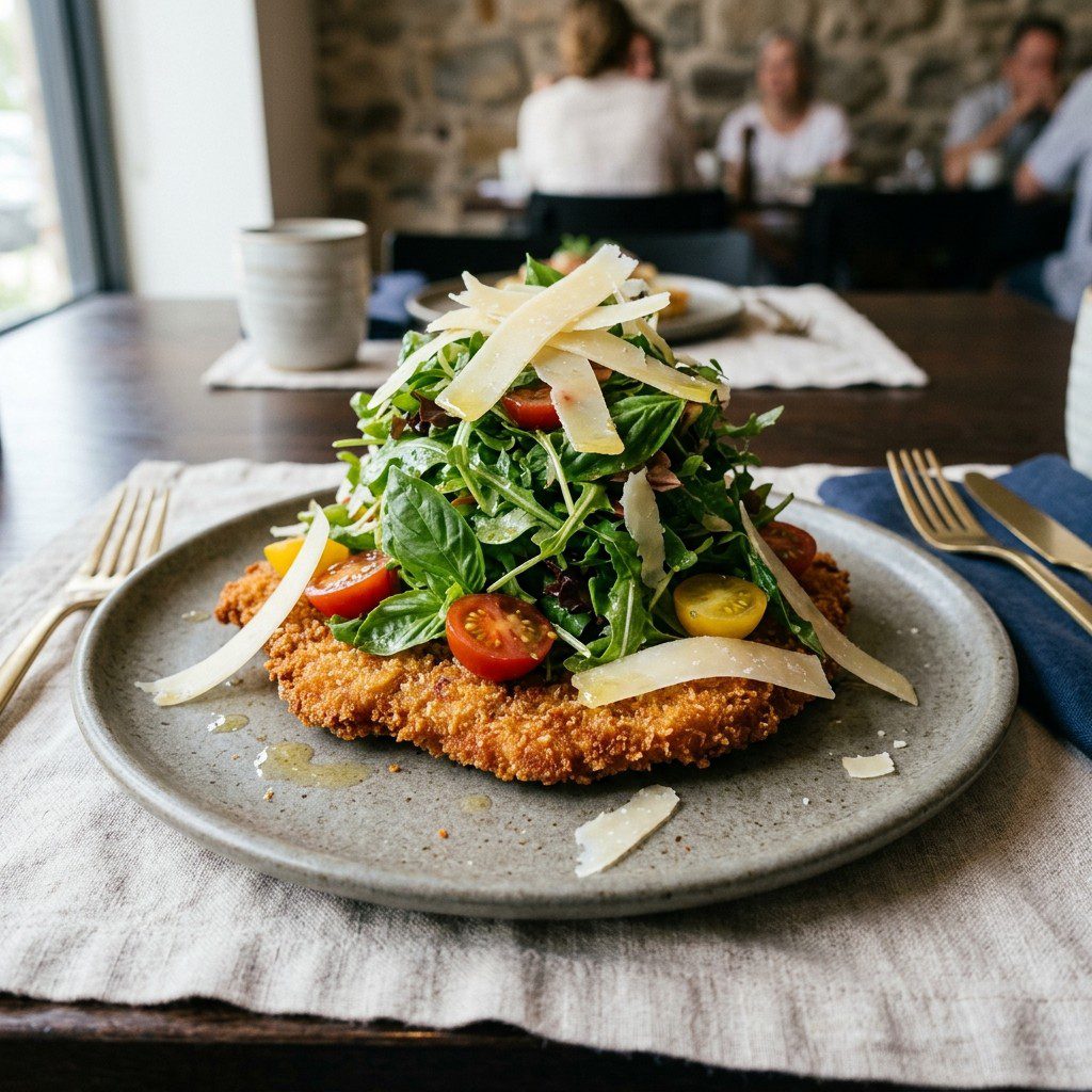 Stunning plated serving of Pork Schnitzel Milanese, a chef-tested recipe by Chef Jorj Morgan.
