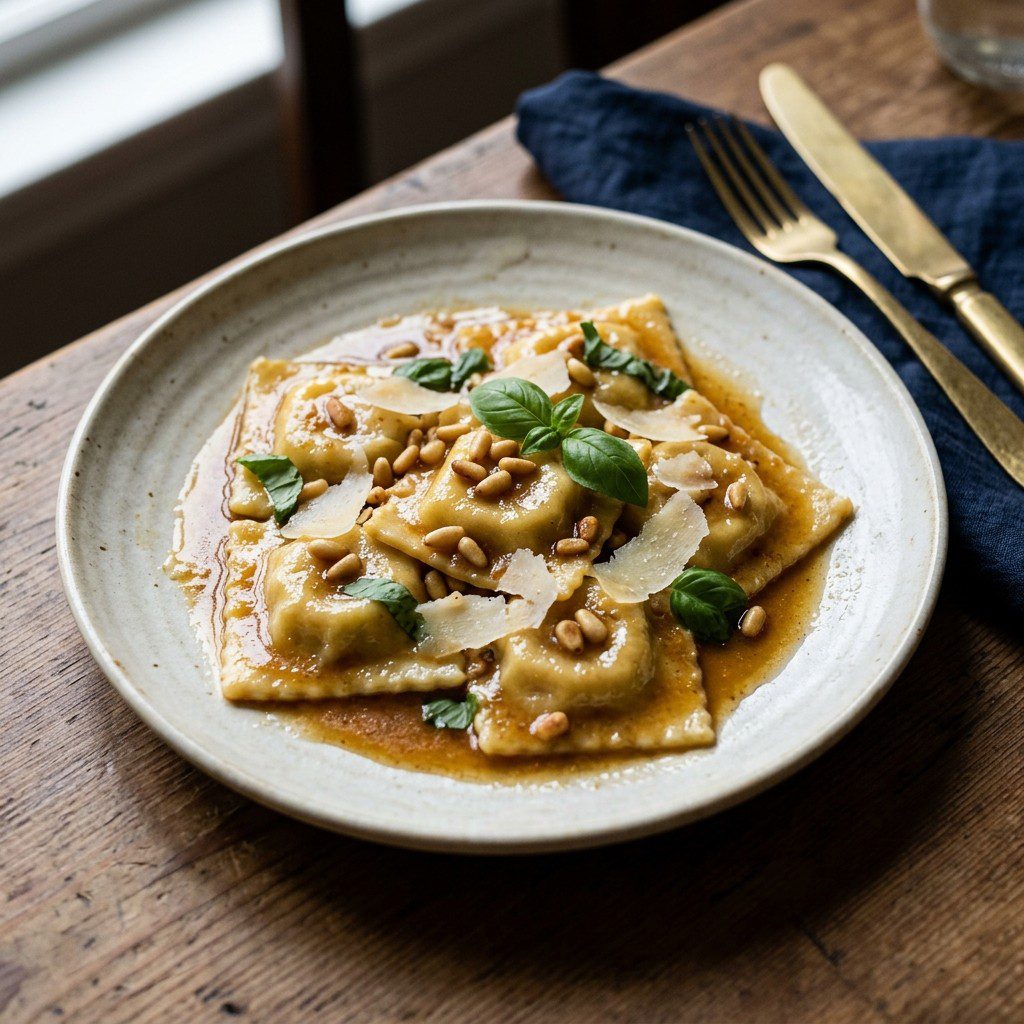 Stunning plated serving of Chicken & Ricotta Wonton Ravioli, a chef-tested recipe by Chef Jorj Morgan.