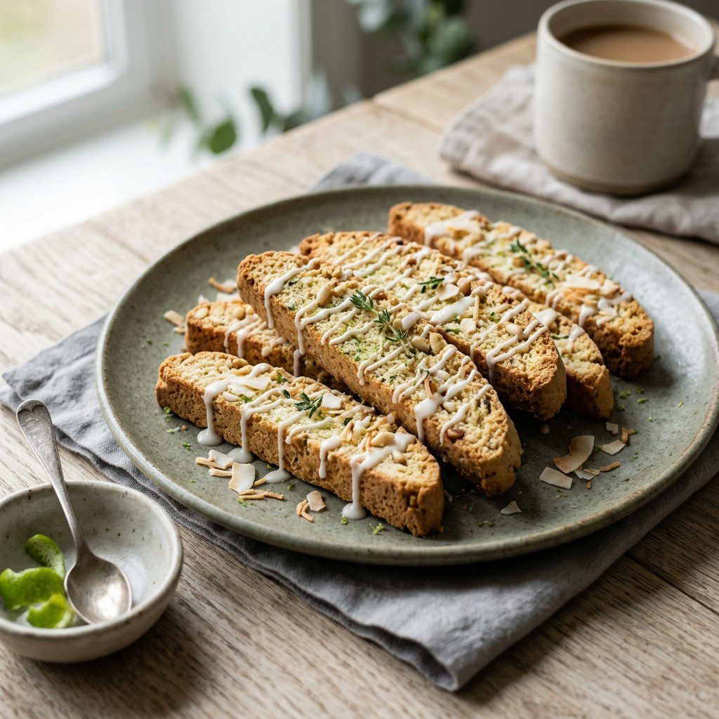 Stunning plated serving of Lime and Toasted Coconut Biscotti, a chef-tested recipe by Chef Jorj Morgan.