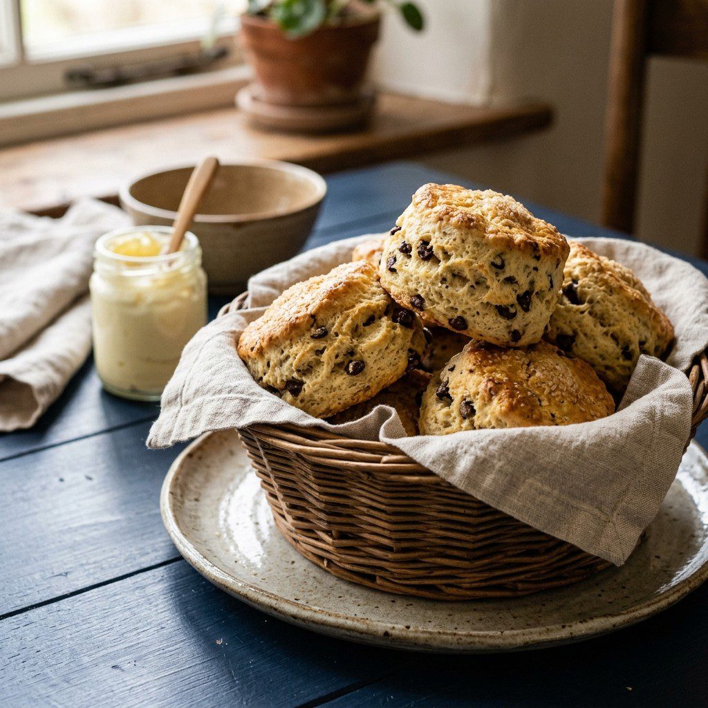 Stunning plated serving of Heavy Cream & Chocolate Chip Scones, a chef-tested recipe by Chef Jorj Morgan.