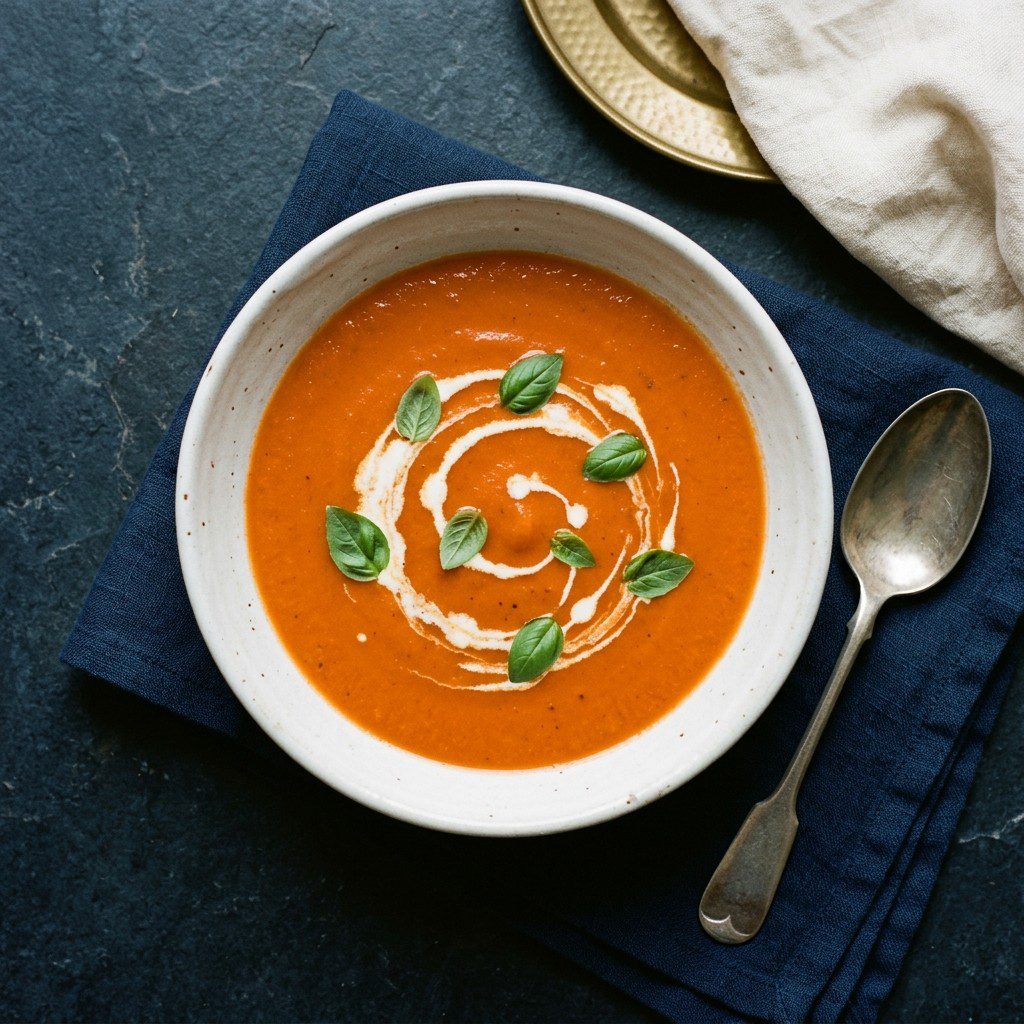 Stunning plated serving of Heirloom Tomato Soup, a chef-tested recipe by Chef Jorj Morgan.