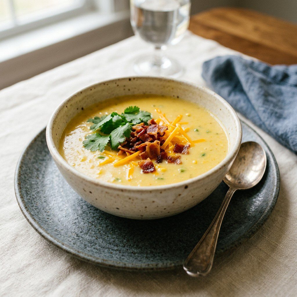 Stunning plated serving of Jalapeno Corn Bisque, a chef-tested recipe by Chef Jorj Morgan.