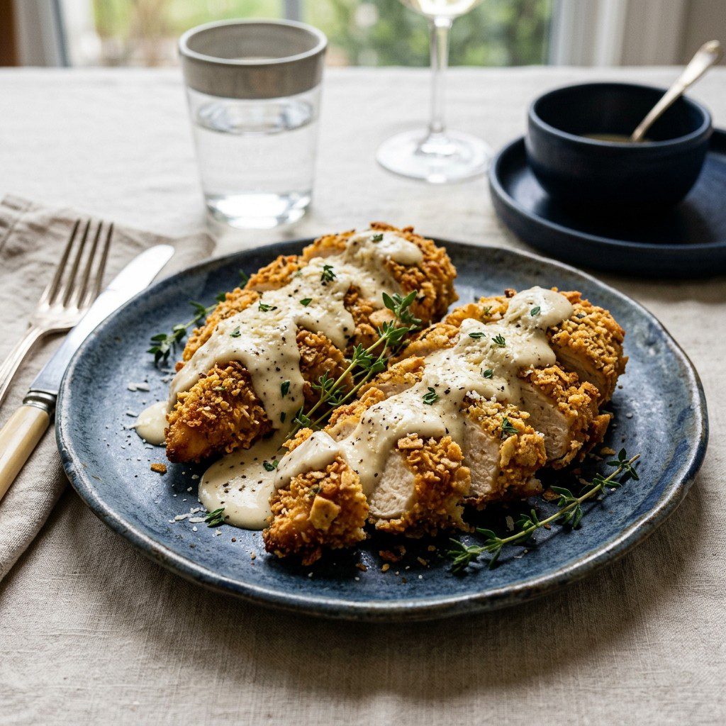 Stunning plated serving of Crispy Cracker-Crusted Baked Chicken Breasts, a chef-tested recipe by Chef Jorj Morgan.