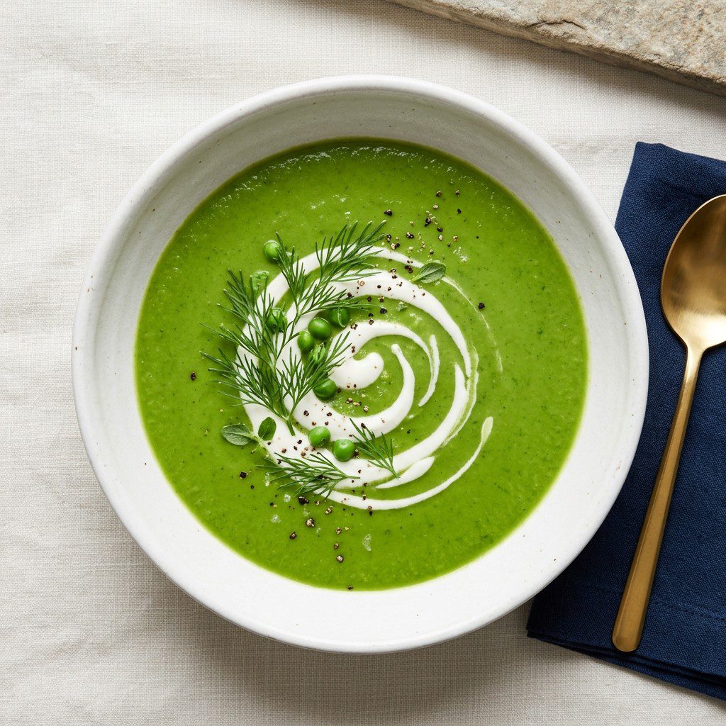 Stunning plated serving of Sweet Pea & Spinach Soup, a chef-tested recipe by Chef Jorj Morgan.