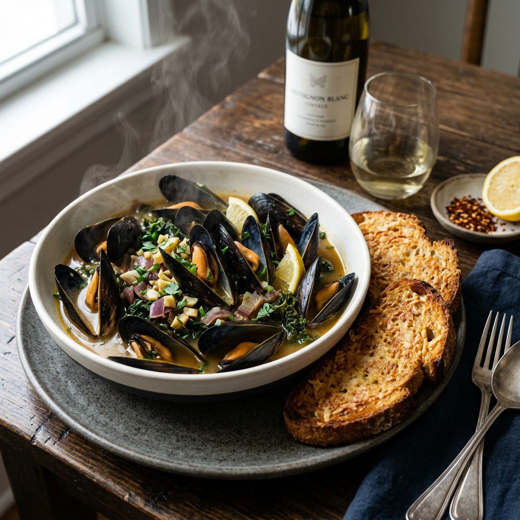 Stunning plated serving of Mussels in Ginger-Garlic Broth, a chef-tested recipe by Chef Jorj Morgan.