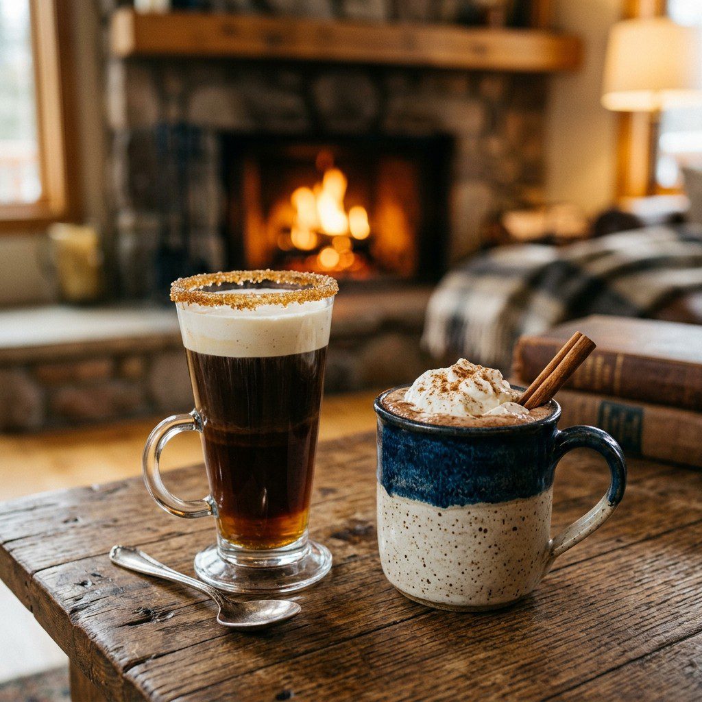 Stunning plated serving of Irish Coffee & Mexican Hot Chocolate, a chef-tested recipe by Chef Jorj Morgan.