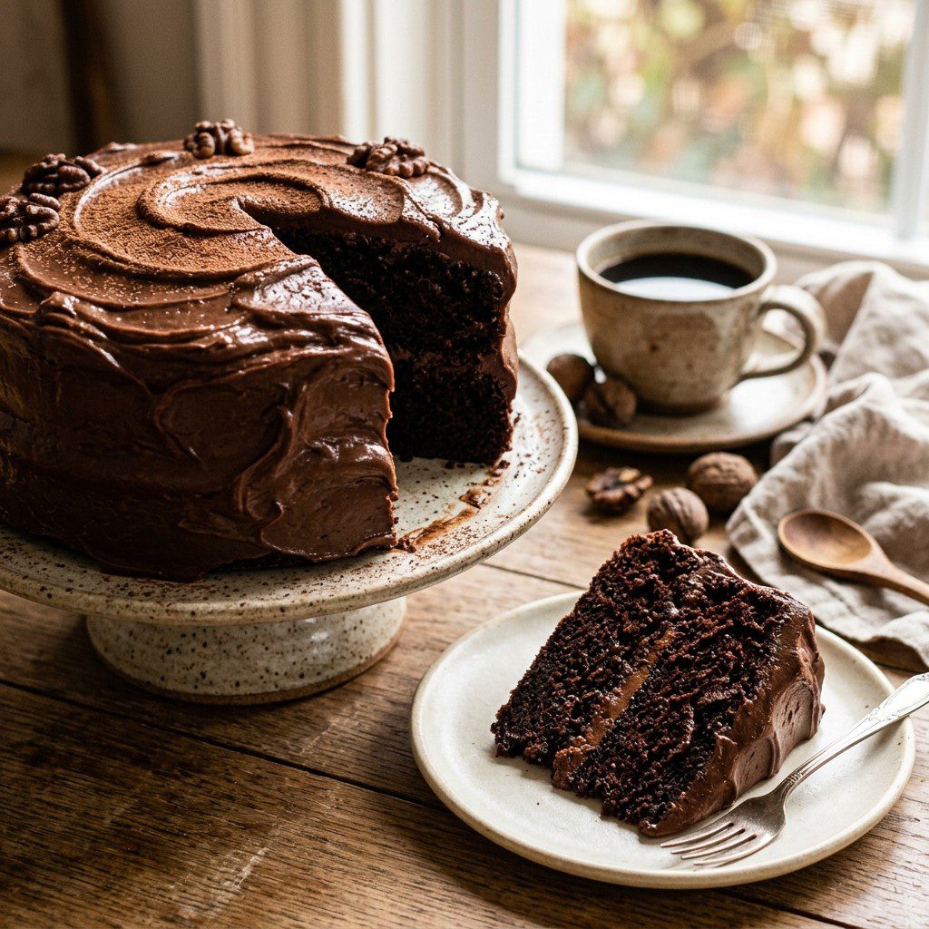 Stunning plated serving of Devil’s Food Chocolate Cake with Black Walnut, a chef-tested recipe by Chef Jorj Morgan.