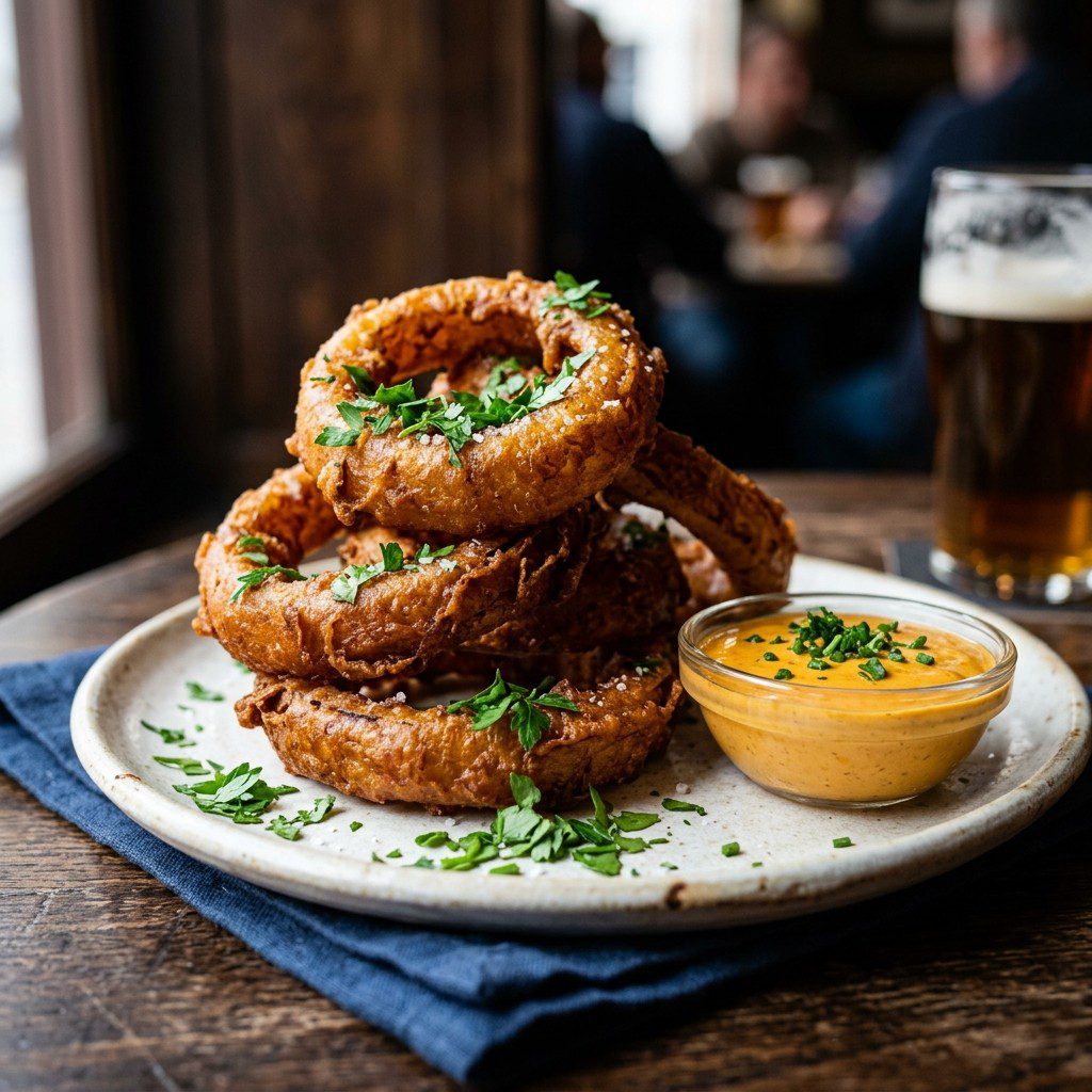 Stunning plated serving of Beer Battered Fried Onion Rings, a chef-tested recipe by Chef Jorj Morgan.