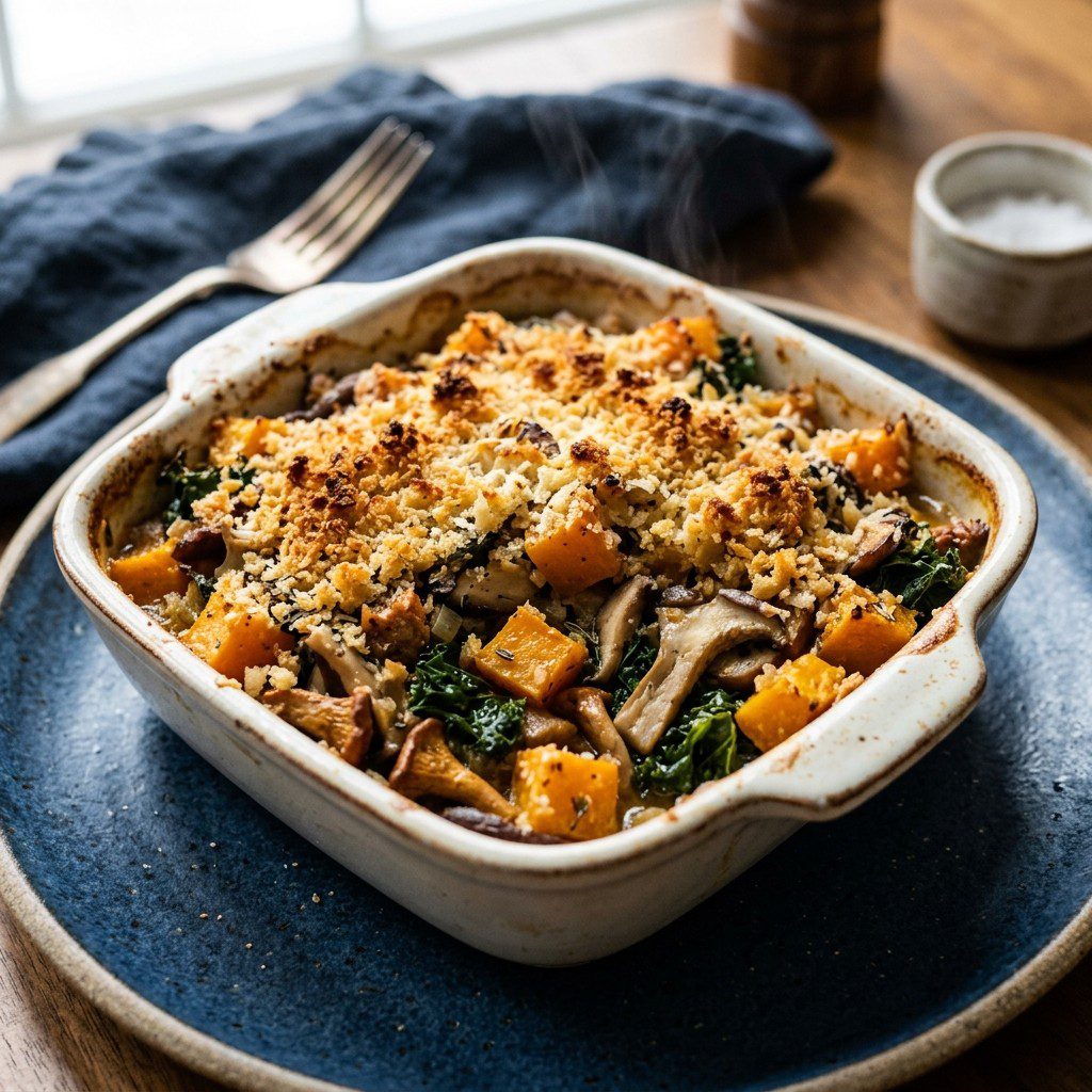 Stunning plated serving of Roasted Butternut Squash and Wild Mushroom Dressing, a chef-tested recipe by Chef Jorj Morgan.