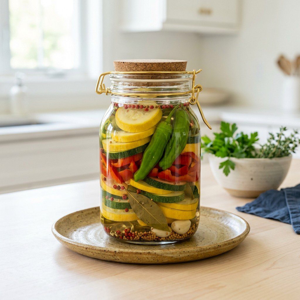 Stunning plated serving of Pickled Shishito Peppers & Summer Vegetables, a chef-tested recipe by Chef Jorj Morgan.
