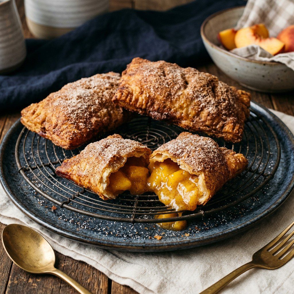Stunning plated serving of Handy Fried Peach Pies, a chef-tested recipe by Chef Jorj Morgan.