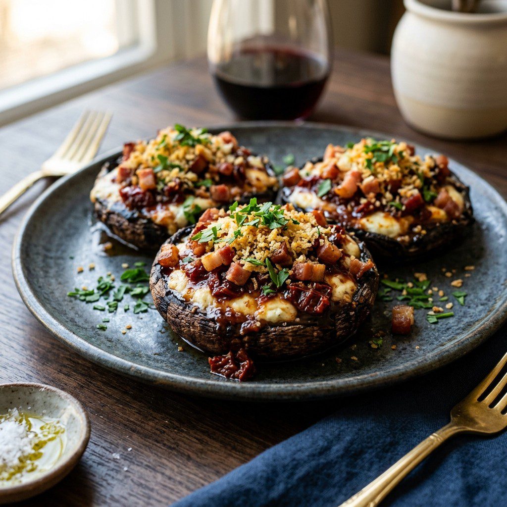Stunning plated serving of Stuffed Portobello Mushrooms, a chef-tested recipe by Chef Jorj Morgan.