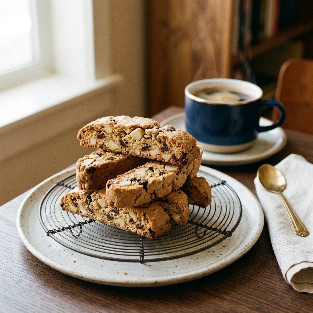 Stunning plated serving of Macadamia Chocolate Chip Biscotti, a chef-tested recipe by Chef Jorj Morgan.