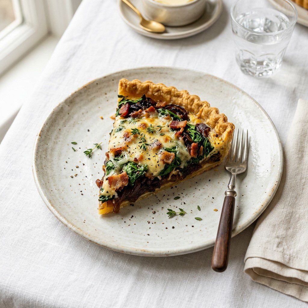 Stunning plated serving of Smoked Fontina & Bacon Tart, a chef-tested recipe by Chef Jorj Morgan.