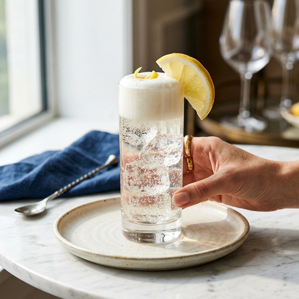Stunning plated serving of The Classic Gin Fizz, a chef-tested recipe by Chef Jorj Morgan.