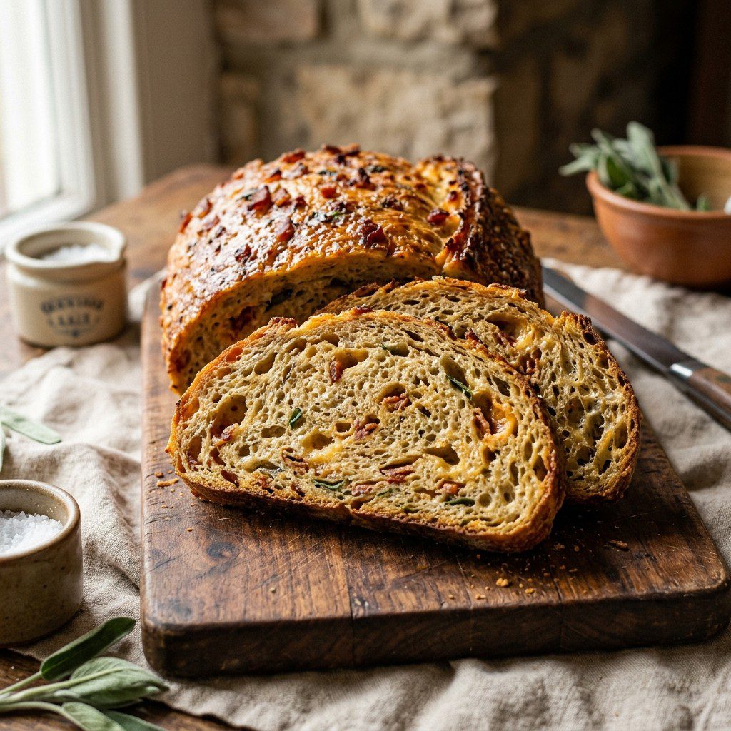 Stunning plated serving of Bacon, Cheddar & Sage Quick Bread, a chef-tested recipe by Chef Jorj Morgan.