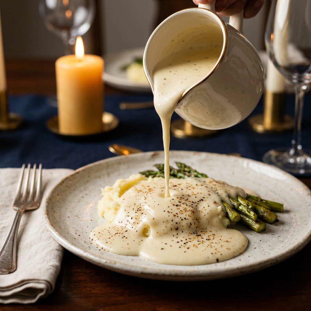 Stunning plated serving of Classic French White Béchamel Sauce, a chef-tested recipe by Chef Jorj Morgan.