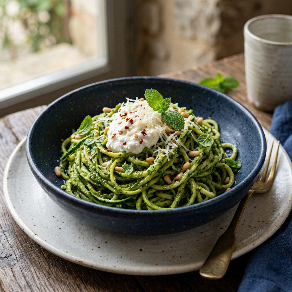 Stunning plated serving of Zucchini Noodles with Pesto and Ricotta Cheese, a chef-tested recipe by Chef Jorj Morgan.