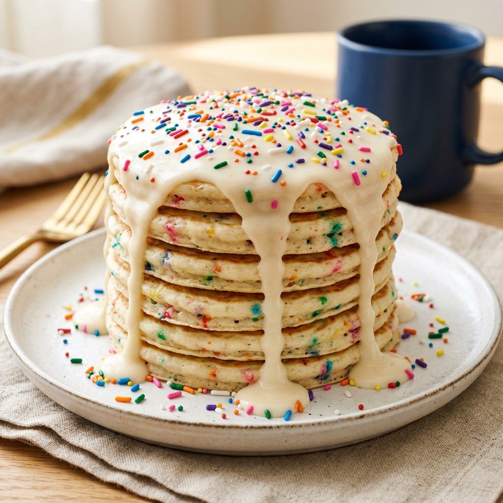 Stunning plated serving of Sprinkle Pancakes with Maple Cream Glaze, a chef-tested recipe by Chef Jorj Morgan.