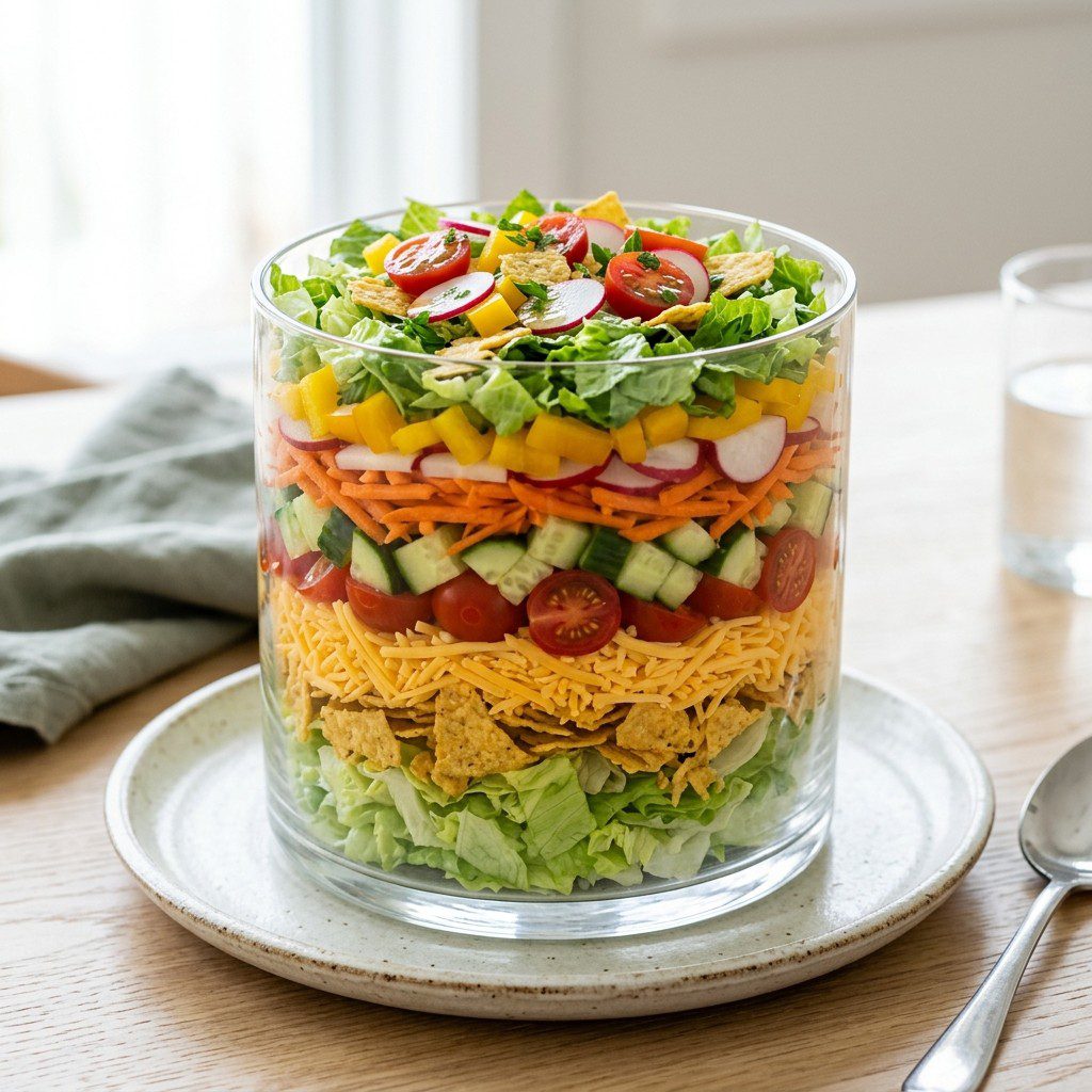 Stunning plated serving of Layered Chopped Salad, a chef-tested recipe by Chef Jorj Morgan.
